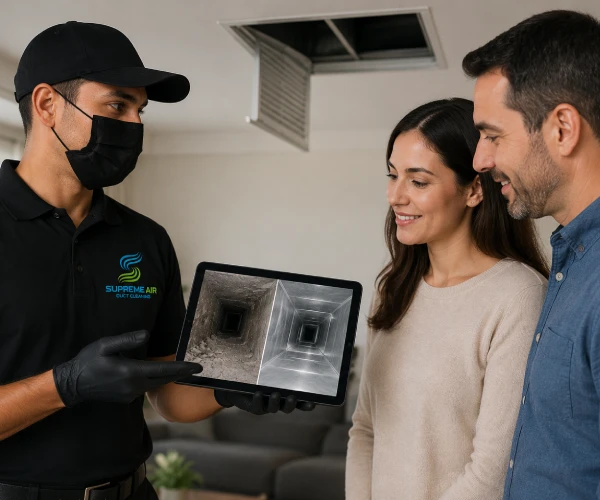 Supreme air austin technician showing before and after images to homeowners.