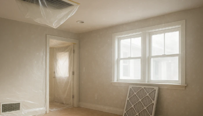 Air duct cleaning preparation with HVAC vents and protective plastic covering in a residential room